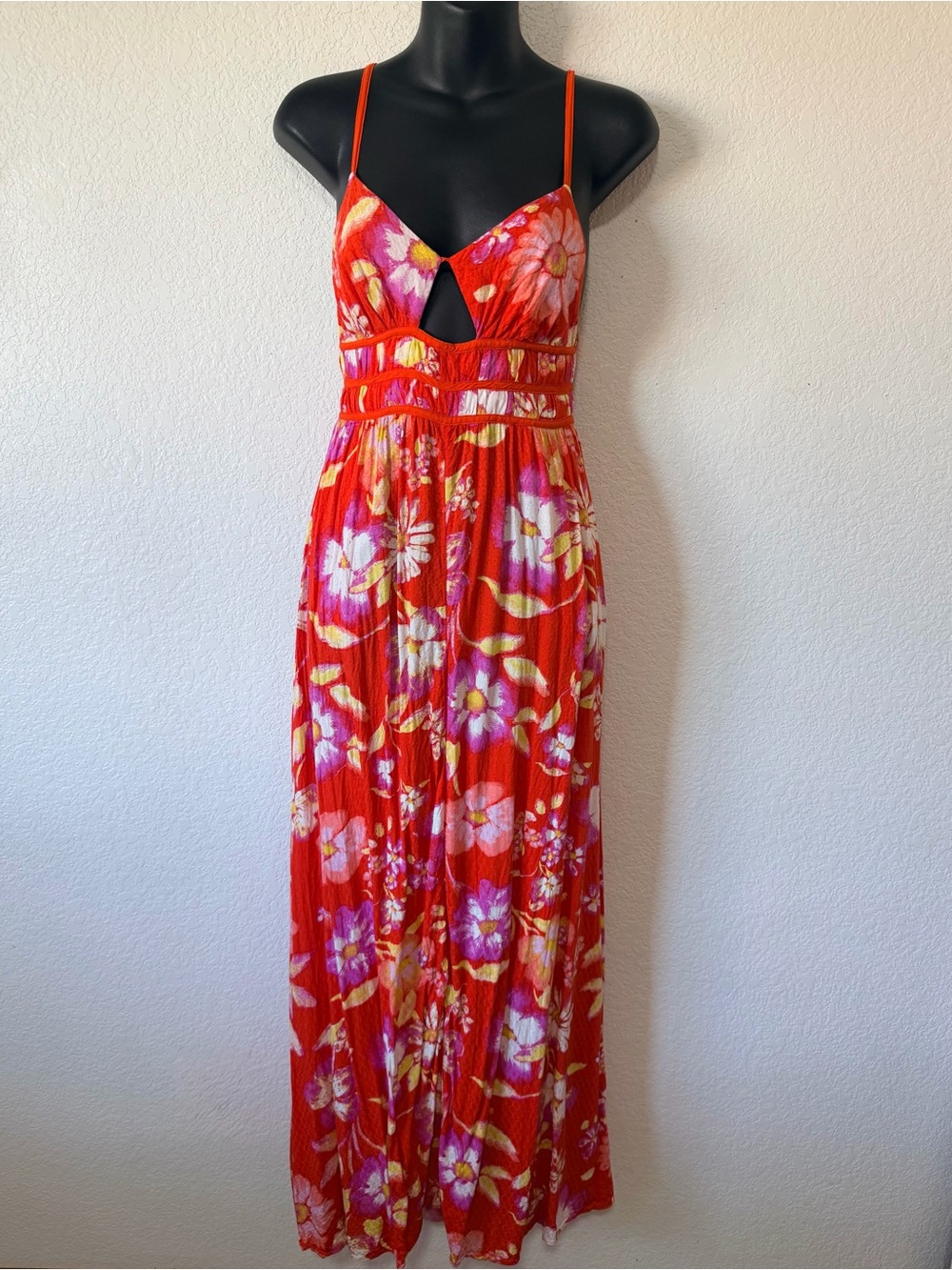 Free People Backless Orange Floral Spaghetti-Strap Maxi Dress